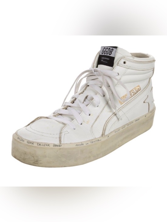 Golden Goose Shoes - RARE ⭐️ Golden Goose Leather White Hi-Top Distressed Size 9 Hi- Slides